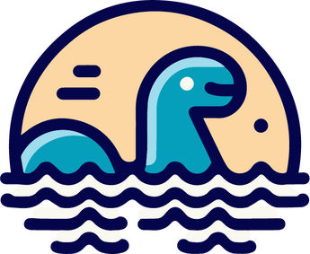 Mockness logo: blue Loch Ness monster head sticking out of the water with setting sun behind it